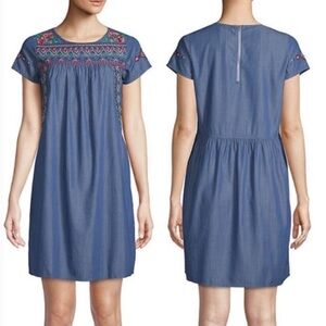 Driftwood Ella Embroidered Chambray Shift Dress Womens Small Floral Artsy Boho